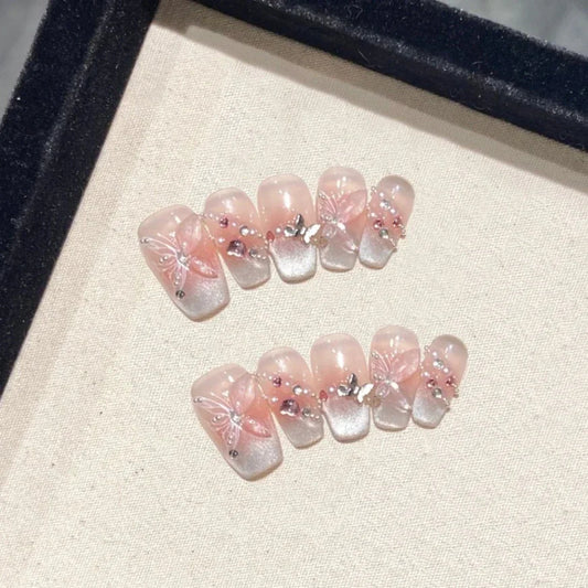 10 ongles handmane Press On Nails  Glitter Papillon - Be Beauté